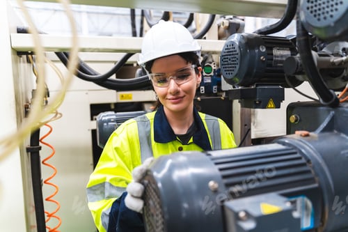 Preview: woman engineer inspection check control heavy machine robot arm construction installation