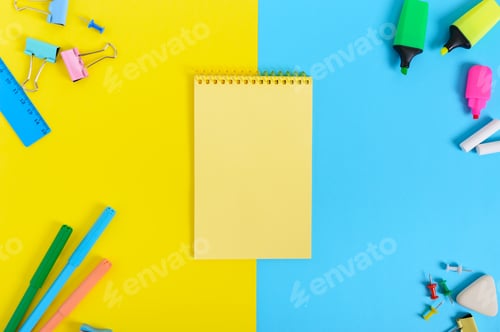 Preview: School accessories on a yellow-blue bright background