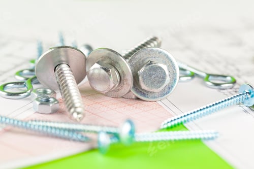 Preview: Technical drawings of bolt and nut. Engineering, technology and metalworking
