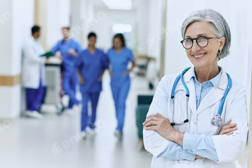 Preview: Mature female general practitioner with stethoscope standing in medical clinic or hospital,