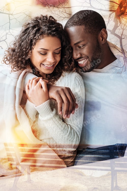 Preview: Cozy Hugs. Waist Up Of Positive Young Couple Sitting Close To Each Other While Enjoying Being
