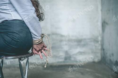 Preview: woman hands bound. Women were handcuffed and Sitting on a chair.woman tied hand to a chair.Crime Con