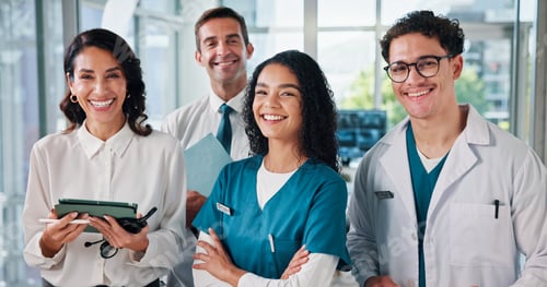 Preview: Happy people, portrait and doctor with team in confidence for health development or assistance at h