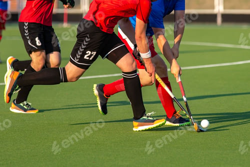 Preview: Field hockey player on artificial grass play field.