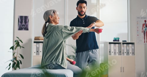Preview: Physiotherapist, arm or senior woman with dumbbells for rehabilitation, muscle exercise or body hea