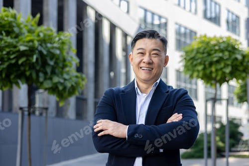 Preview: Confident businessman smiling outdoors with arms crossed in urban setting