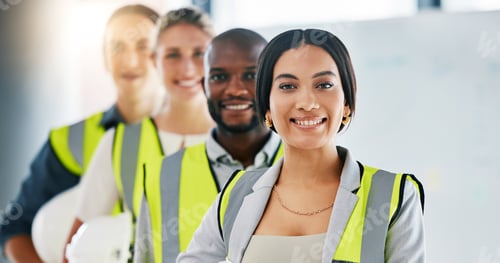 Preview: Diversity, team and portrait of engineering employees standing in an industrial office. Industry wo