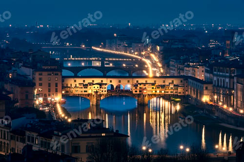 Preview: Ponte vecchio in Florence at blue hour with city lights on