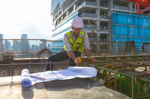 Preview: architect engineer designing a structure holding tablet, walkie talkie, drawing