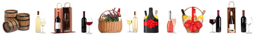 Preview: Collection of different wines in bottles and barrels isolated on white