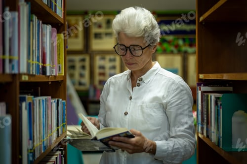 Preview: Elder woman sitting enjoys reading book in quiet of the library