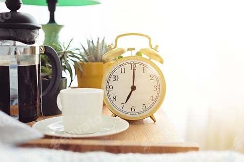 Preview: Alarm clock and coffee cup at bed in sunny room. Easy morning start, positive day beginning, waking