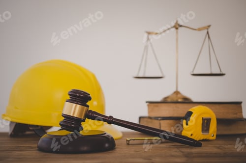 Preview: Judge's hammer and helmet Law and Justice about labor law concept Construction law.