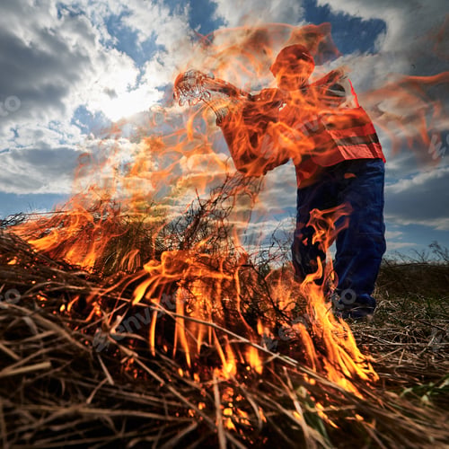 Preview: Fireman ecologist fighting fire in field