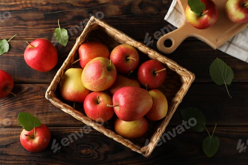 Preview: Basket with apples on wooden background, top view
