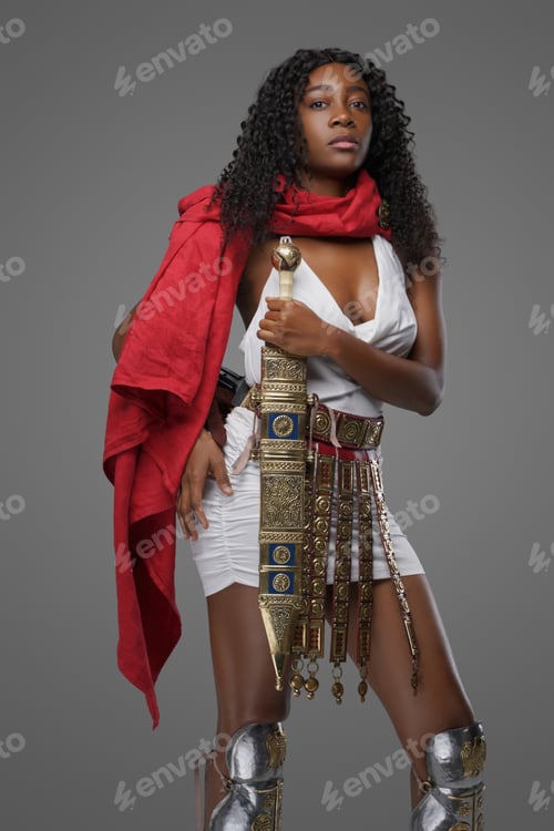 Preview: Ancient black woman with sword against gray background