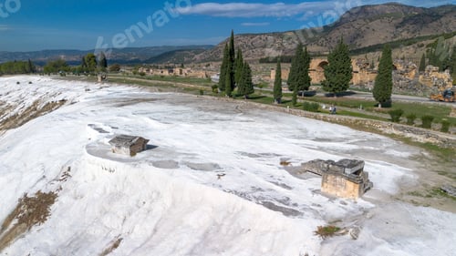 Preview: Aerial top view Pamukkale Turkey travertine pools, nature terraces with blue water.