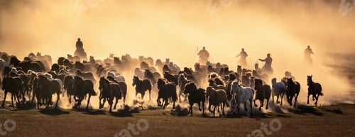 Preview: Large herd of horses running across a meadow in the countryside.