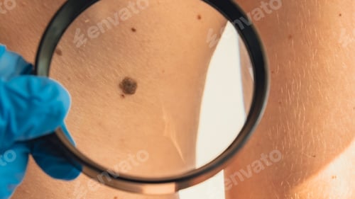 Preview: Unrecognizable Dermatologist examining patient's birthmark with magnifying glass in clinic. Mole