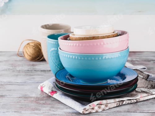 Preview: Ceramic crockery on wooden background