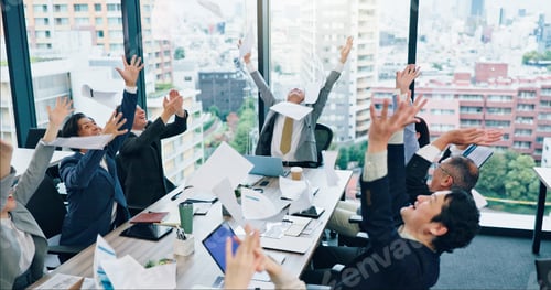 Preview: Cheering, celebration and business people in meeting, teamwork and cooperation. Employees, Japan or