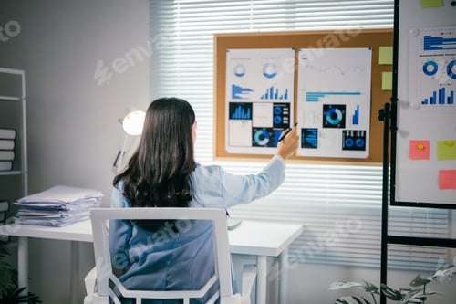 Preview: Professional businesswoman analyzing financial charts, comparing data for strategic insights