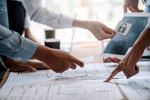 Preview: Website design designer on smartphone. Teamwork planning mobile application