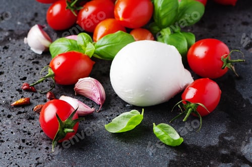 Preview: Concept of italian food with mozzarella, tomato and basil