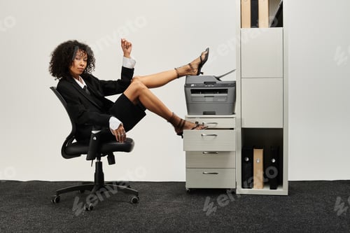 Preview: Elegant young woman confidently poses in stylish business attire at an office setting