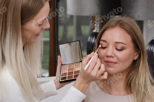 Preview: Woman applying nude eye make-up close-up in salon
