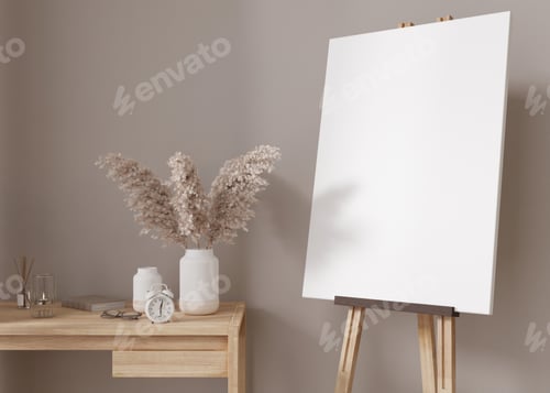 Preview: Empty vertical canvas on wooden easel in modern and cozy room. Canvas mock up