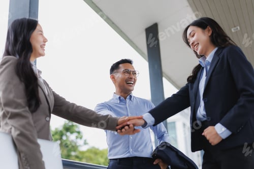 Preview: Business team joining hands celebrating success in modern office building