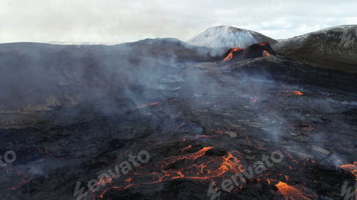 Preview: Volcanic eruption with glowing orange lava flow surrounded by a pool of bubbling magma