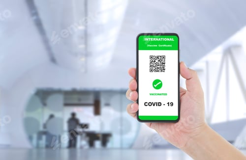 Preview: Man hand showing health passport of vaccination certification on smartphone at airport