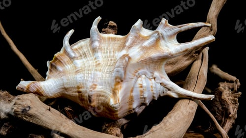 Preview: Lambis scorpius Shell on Driftwood black background