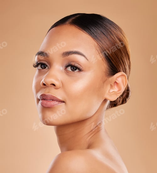 Preview: Beauty, face and a woman in studio for skin glow and shine on brown background. Aesthetic female mo