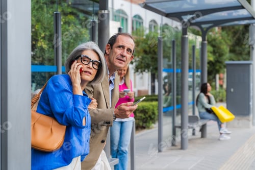 Preview: Mature couple waiting at bus stop using phones