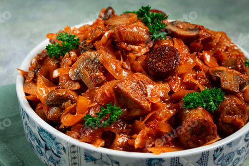 Preview: Bigos, bigus is a national Polish dish, made of cabbage and meat, stewed, homemade, no people,