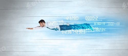 Preview: Businessman Flying Super Fast With Data Numbers Left Behind Concept