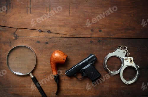 Preview: Handgun, handcuffs and a smoking pipe on wooden background,