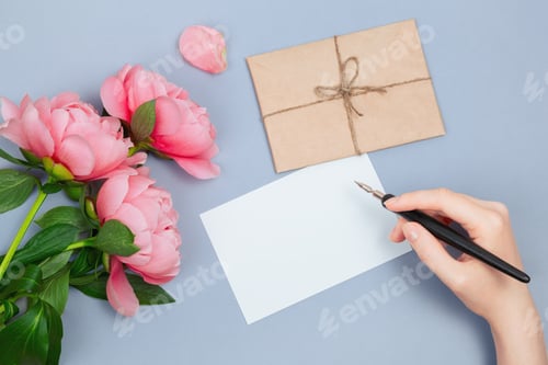 Preview: Hand Writing Card with Pink Peonies and Gift Envelope