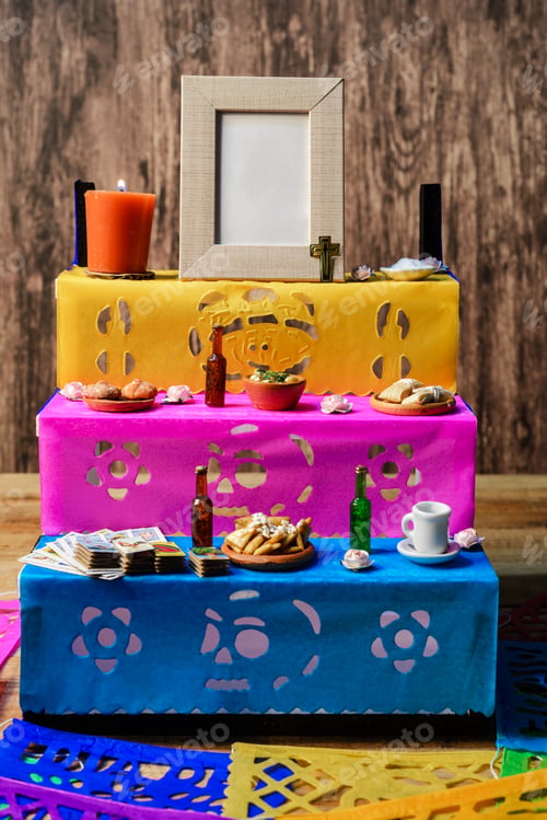 Preview: Miniature altar of the dead with offerings for deceased family members. Mockup.