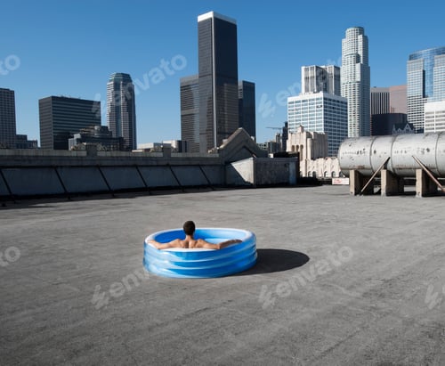 Preview: A man sitting in a small inflatable water pool on a city rooftop, cooling down.