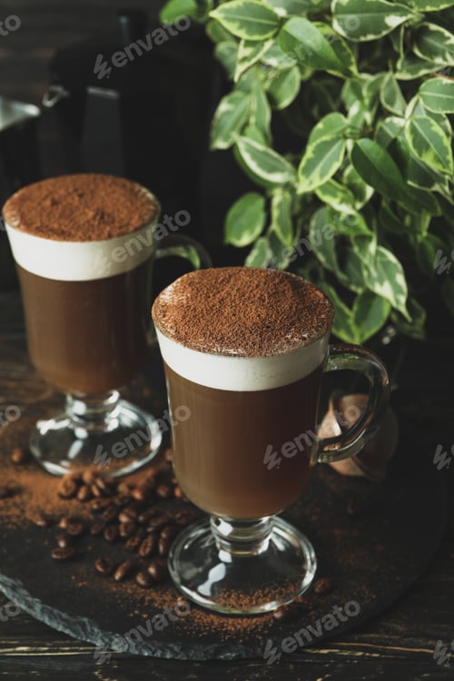 Preview: Concept of delicious drink with Irish coffee on wooden table