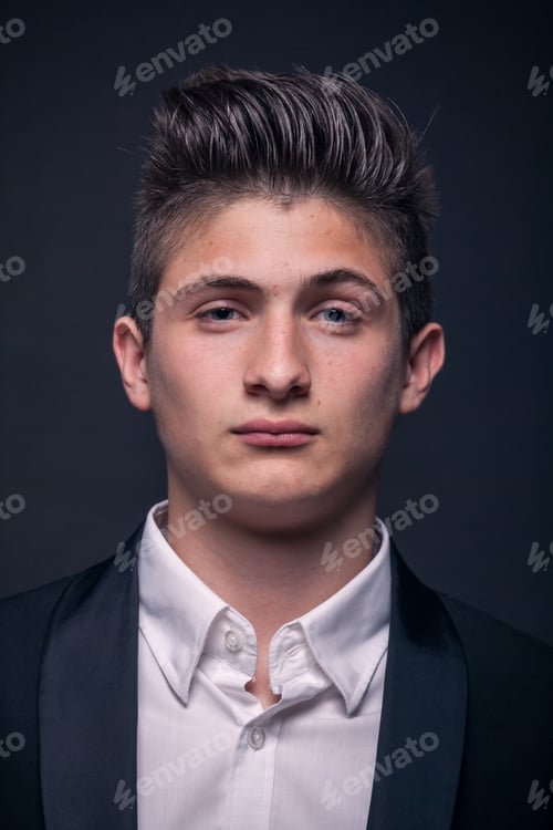 Preview: One Young Teenage Boy, Head Face Closeup, Wearing Suit Shirt, Black Background