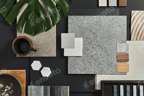 Preview: Flat lay composition of creative black architect moodboard