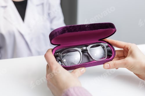 Preview: Eyeglasses in case at optician desk during vision consultation, medical office