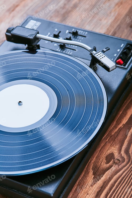 Preview: Black vinyl record. Turntable player with black vinyl record. Classic stereo set. Listening to music