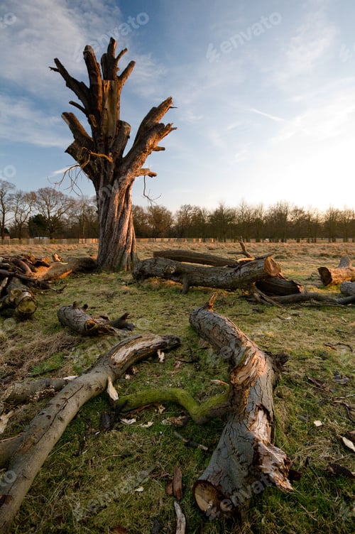 Preview: Tree half-felled with branches laying on the ground