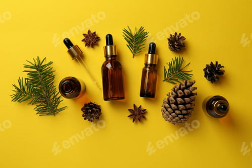 Preview: Aromatherapy concept with pine oil on yellow background